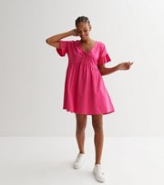 New Look Bright Pink Jersey Tie Front Frill Sleeve Mini Smock Dress